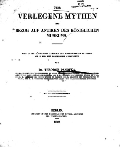 ©·Uber verlegene Mythen mit Bezug auf Antiken des K©·oniglichen Museums