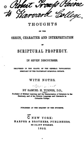 Thoughts on the Origin, Character and Interpretation of Scriptural Prophecy: In Seven Discourses