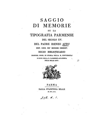 Saggio di memorie su la tipografia parmense del secolo XV