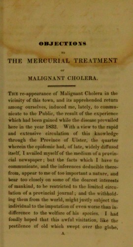 Objections to the Mercurial treatment of Malignant Cholera.