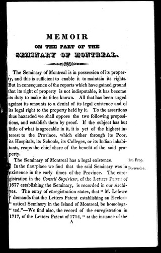 Rights and titles of the Seminary of St. Sulpice of Montreal