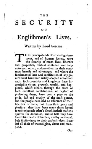 The Security of Englishmen's Lives: Explained According to the Fundamentals of the English ...