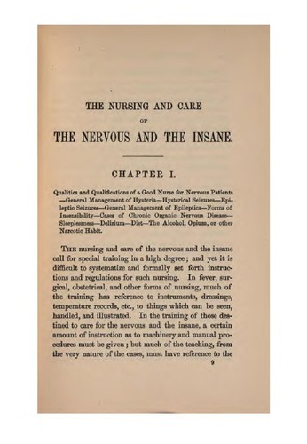 The Nursing and care of the nervous and the insane
