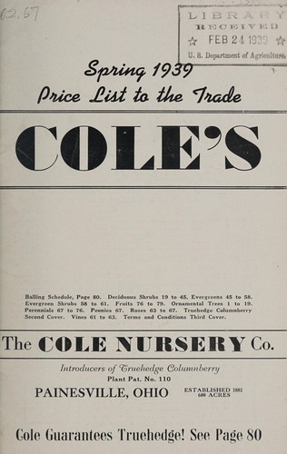Cole's spring 1939 price list to the trade