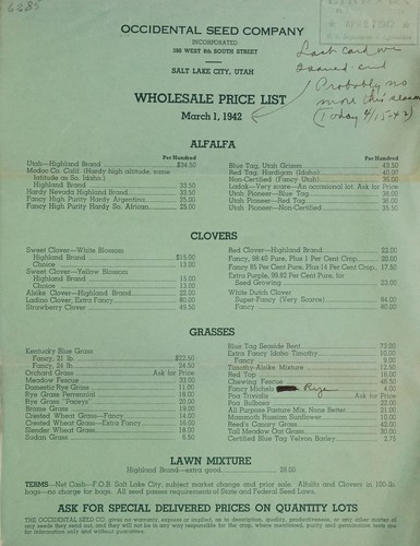 Wholesale price list, March 1, 1942