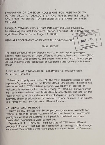 Evaluation of capsicum accessions for resistance to potato virus Y, tobacco etch and pepper mottle viruses and their potential to differentiate strains of these viruses