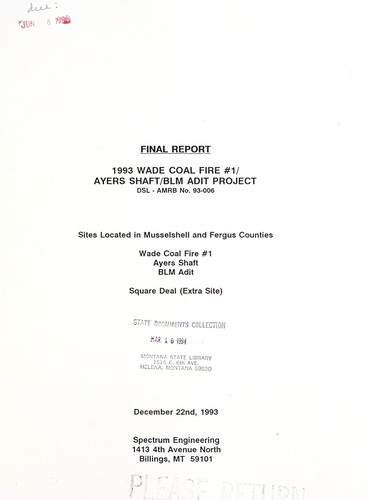 1993 Wade Coal Fire #1/Ayers Shaft/BLM Adit Project, DSL-AMRB no. 93-006