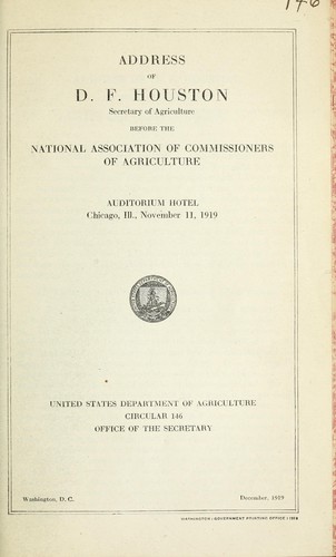 Address of D.F. Houston, Secretary of Agriculture before the National Association of Commissioners of Agriculture, Auditorium Hotel, Chicago, Ill., November 11, 1919