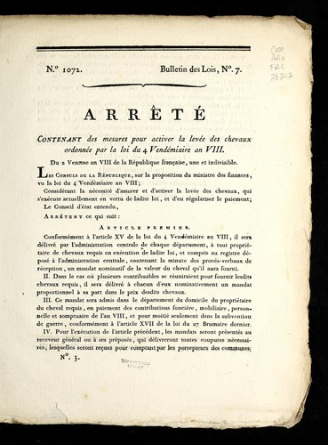Arre te  contenant des mesures pour activer la leve e des chevaux ordonne e par la loi du 4 vende miaire an VIII