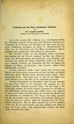 Transfusion mit dem Blute verschiedener Thierarten