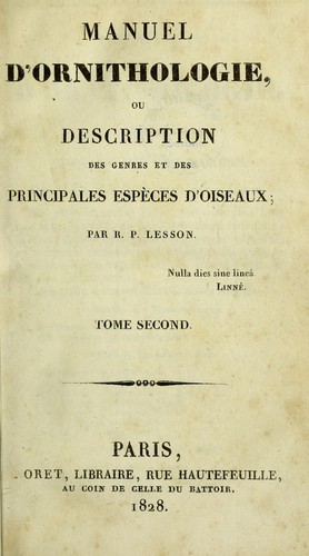 Manuel d'ornithologie, ou Description des genres et des principales espèces d'orseaux