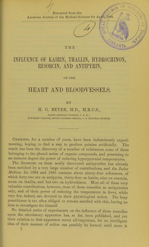 The influence of kairin, thallin, hydrochinon, resorcin, and antipyrin, on the heart and bloodvessels