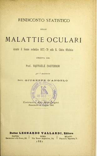 Rendiconto statistico delle malattie oculari durante il biennio scolastico 1877-79 nella R. Clinica Oftalmica diretta dal Prof. Raffaele Castorani
