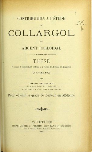 Contribution à l'étude du collargol ou argent colloïdal