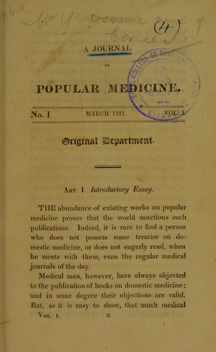A journal of popular medicine. No. I, Vol. I, March 1821