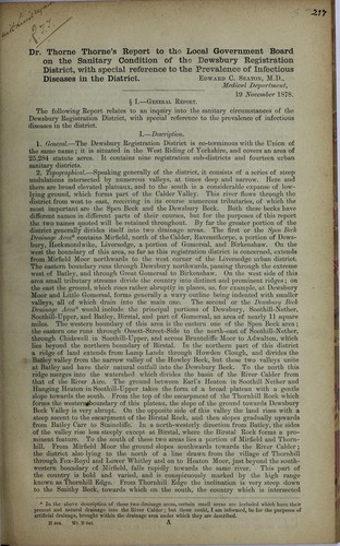 Dr. Thorne Thorne's report to the local government board on the sanitary condition of the Dewsbury registration district, with special reference to the prevalence of infectious diseases in the district