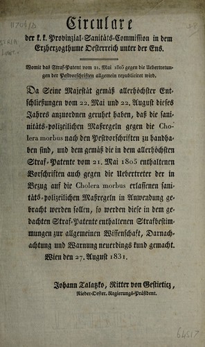 Womit das Straf-Patent vom 21 Mai 1805 gegen die Uebertretungen der Pestvorschriften allgemein republiciret wird