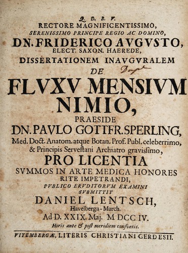 Dissertationem inauguralem de fluxu mensium nimio