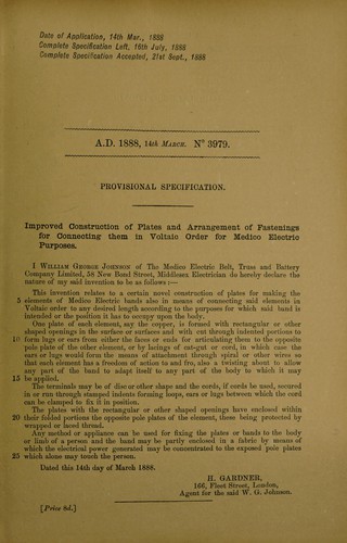Improved construction of plates and arrangement of fastenings for connecting them in voltaic order for medico electric purposes