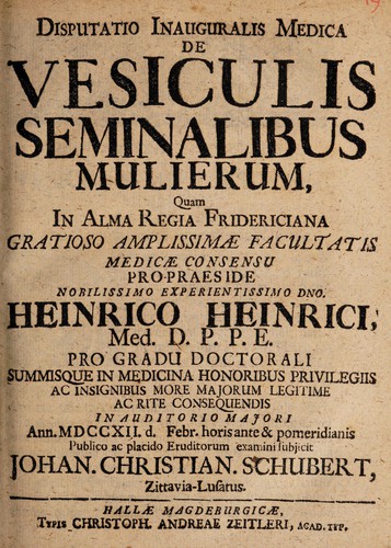 Disputatio inauguralis medica de vesiculis seminalibus mulierum ...
