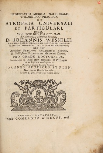 Dissertatio medica inauguralis theoretico-practica. De atrophia universali et particulari ...