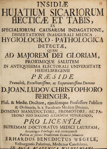 Insidiae hujatium sicariorum hecticae et tabis, ex specialiorum causarum indagatione, dissertatione inaugurali medica hygiologico pathologica detectae, quam ...
