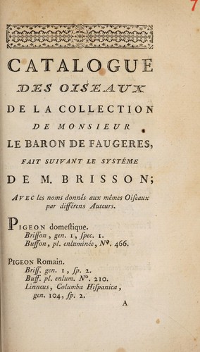 Catalogue des oiseaux de la collection de Monsieur le Baron de Faugeres, fait suivant le systême