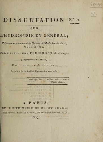 Dissertation sur l'hydropisie en général