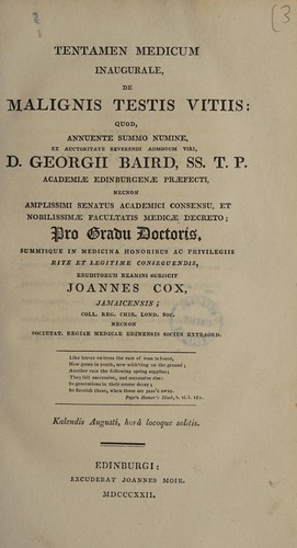 Tentamen medica inauguralis, de malignis testis vitiis