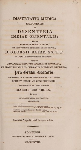Dissertatio medica inauguralis, de dysenteria Indiae Occidentalis