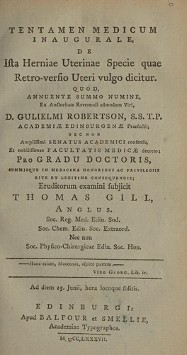 Tentamen medicum inaugurale, de ista herniae uterinae specie quae retro-versio uteri vulgo dicitur ...