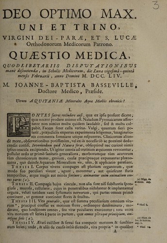 Quaestio medica, quod libetariis disputationibus mane discutienda ... die Lunae vigesimâ-quintâ mensis Februarii, anno Domini m.DCC.LIV