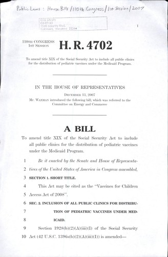 A bill to amend title XIX of the Social Security Act to include all public clinics for the distribution of pediatric vaccines under the Medicaid program