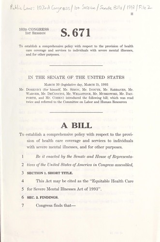 A bill to establish a comprehensive policy with respect to the provision of health care coverage and services to individuals with severe mental illness, and for other purposes