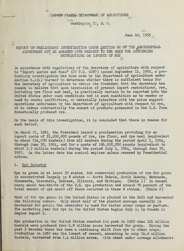 Report on preliminary investigation under Section 22 of the Agricultural adjustment act, as amended with respect to the need for continuing restrictions on imports of rye