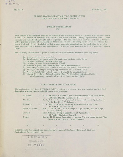 Turkey ROP summary, 1961