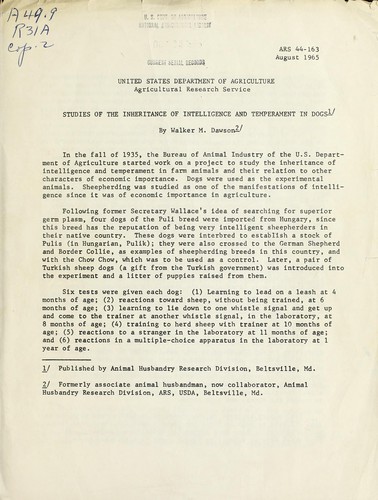 Studies of the inheritance of intelligence and temperament in dogs