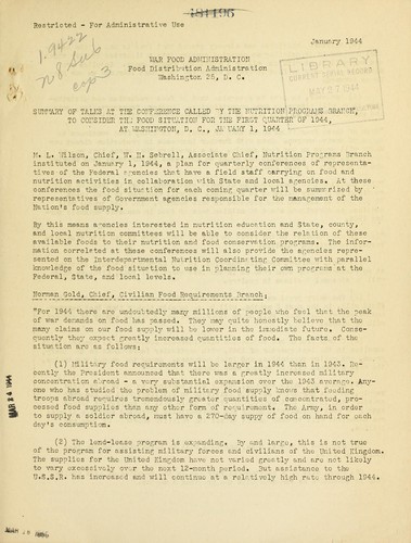 Summary of talks at the conference called by the Nutrition Programs Branch, to consider the food situation for the first quarter of 1944, at Washington, D.C., January 1, 1944