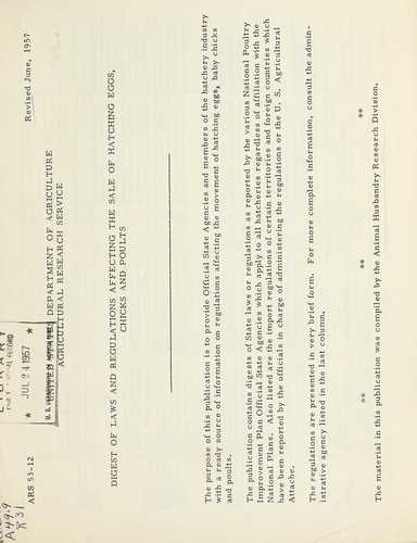 Digest of laws and regulations affecting the sale of hatching eggs, chicks and poults