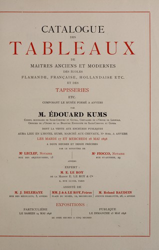 Catalogue des tableaux de maîtres anciens et modernes, des écoles flamande, française, hollandaise, etc.