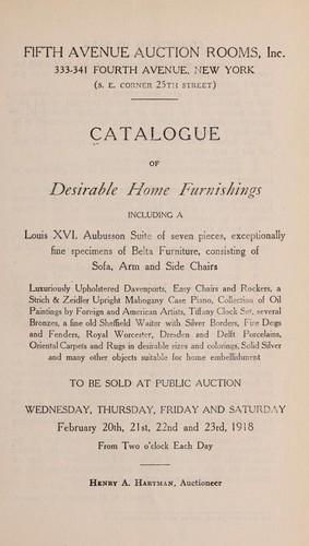 Catalogue of desirable home furnishings including a Louis XVI. Aubusson suite of seven pieces, exceptionally fine specimens of Belta furniture, consisting of soft, arm and side chairs