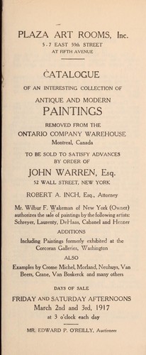 Catalogue of... paintings removed from the Ontario company warehouse, Montreal... sold by order of John Warren...