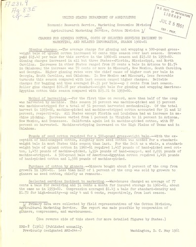 Charges for ginning cotton, costs of selected services incident to marketing, and related information, season 1960-61