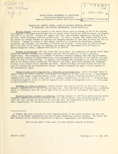 Charges for ginning cotton, costs of selected services incident to marketing, and related information, season 1958-59