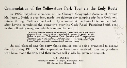 Commendation of the Yellowstone Park tour via the Cody route