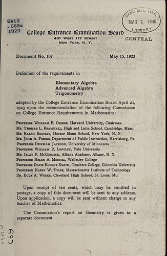 Definition of the requirements in elementary algebra, advanced algebra, trigonometry