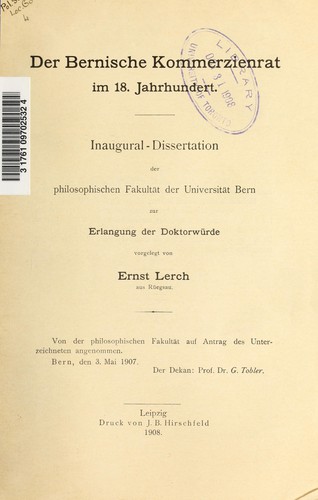 Der Bernische Kommerzienrat im 18 Jahrhundert