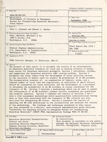Development of criteria to designate routes for transporting hazardous materials