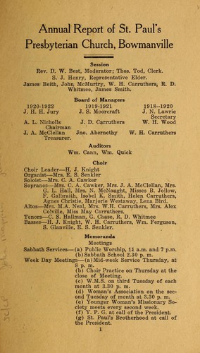 Eighty-sixth annual report, St. Paul's Presbyterian Church, Bowmanville, for year ending December 31, 1920
