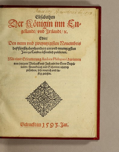Elisabethen der Königin inn Engellandt, vnd Irrlandt, &c